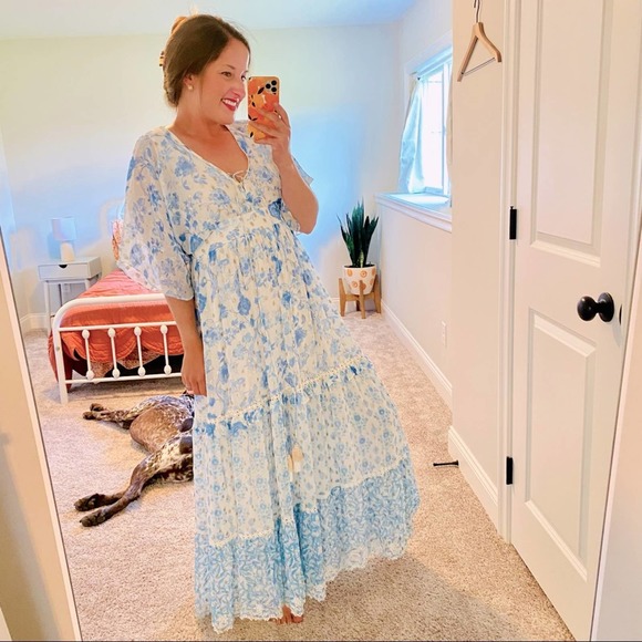 HEMANT & NANDITA Dresses & Skirts - Hemant & Nandita White Blue Floral Maxi Dress XS